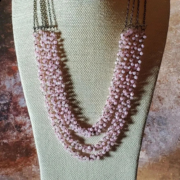 Edgy Little Pink Glazed Porcelain Beads Antique Brass Multistrand Necklace - Picture 2 of 8
